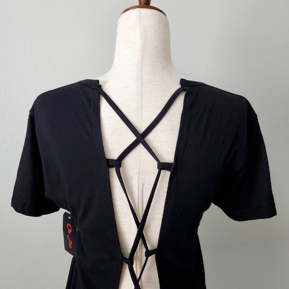 On Fire Black 100% Cotton Short Sleeve T-Shirt With Lace-Up Back, Size XL - Picture 10 of 16